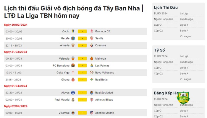 Lịch thi đấu Giải vô địch bóng đá Tây Ban Nha tại iEuro2024.com