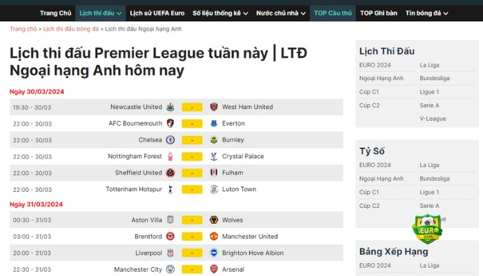 Lịch thi đấu Premier League tuần này tại iEuro2024.com