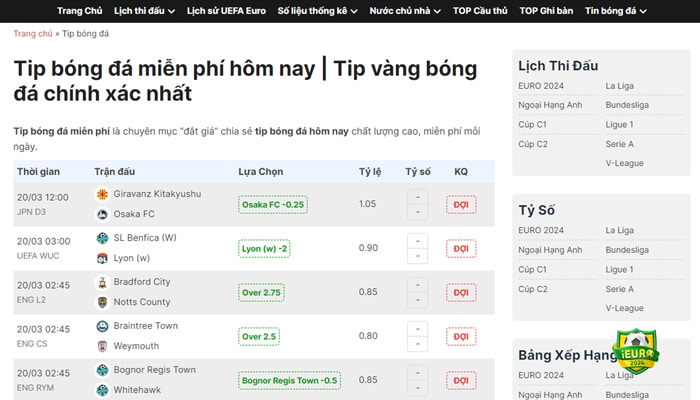 Giao diện tiện ích tip bóng đá tại iEuro2024
